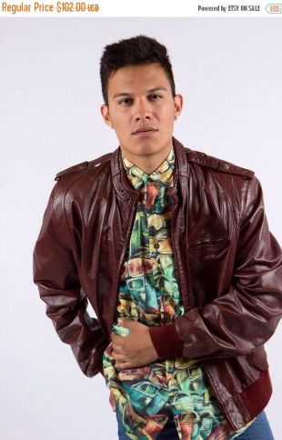 Manteau de cuir veste Snap marron foncé des hommes Vintage vente