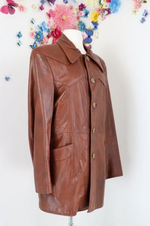 1970s vintage Brown Leather Jacket - Safari Leather Coat - Medium - Mid Length Fall Winter Coat - Classic Leather Jacket - Retro Hipster
