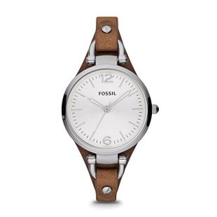 FOSSIL Montre Georgia femme / Montre-bracelet vintage avec cadran en acier argenté et bracelet élégant en cuir marron - Boîte de rangement et pile incluses