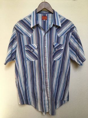 chemise western rayée vintage XL Ely Plains cow-boy des années 80, rayure turquoise marron bleu, manches courtes, bouton perlé, cadeau de taille plus