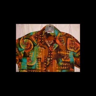 Hawaii Mod Tiki de J.C. Penny Print Shirt Turquoise ambre rétro