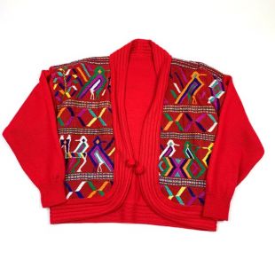 Vtg Guatemalan Hand Embroidery Retro Aztec Native Red Knit Cardigan Pull