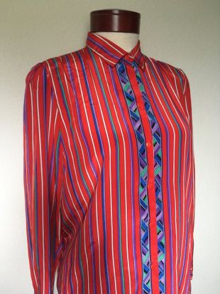 blouse à rayures vintage rouge violet 80s rayé arc-en-ciel à manches longues soyeux rétro des années 1980 secrétaire motif géométrique colorblock M