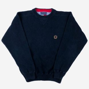 vintage années 90 Tommy Hilfiger Crewneck Knit Sweater - Moyen Homme Vtg 1990s Dark Blue Navy Retro Classic Pullover Crest Couche chaude