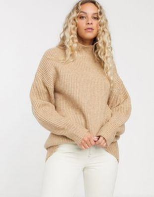 Monki ribbed roll neck sweater in beige | ASOS