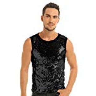 iEFiEL Men's Shiny Sequin Slim Fitted Show Sleeveless Tank Top Tee T-Shirts Clubwear