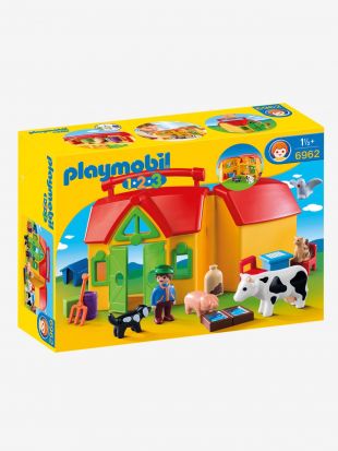 Parasol Jaune Et Bleu PLAYMOBIL Avec Socle Gris Et Couple De Fermiers – Accessoire De Ferme