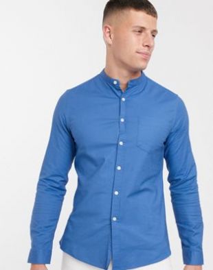 ASOS DESIGN - Chemise Oxford ajustée à col grand-père - Bleu | ASOS