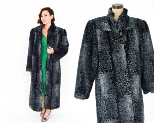 Manteau de fourrure gris des années 1980 (fr) Manteau de fourrure longue en acier des années 80 (fr) 40s-Style Faux FurCoat - France Xl