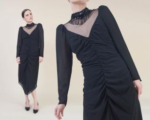 vintage 80s Robe À la ruche noire (fr) Sheer Mesh Neckline Sequin Collier choker perlé (fr) Robe de cocktail gothique (fr) taille Small S