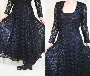 Élégant vintage Guipure Robe bleue robe en dentelle noire ajustée Maxi Dentelle Robe 80s 90s Elegant Formal Dress vintage Robe carrée Collier