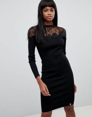 Lipsy Lace Detail Long Sleeved Knitted Midi Dress | ASOS