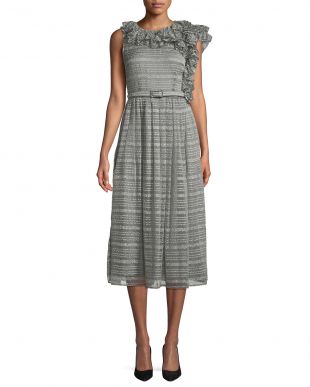 Ruffled-Shoulder Belted Metallic Rope-Print A-Line Midi Cocktail Dress