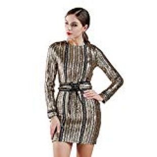 Miss ord Women's Sexy O-Neck Long Sleeve Sequin Belt Rope Mini Dress Gold X-Small