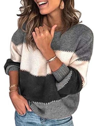 Women Cable Knitted Stripes Sweaters Oversize Round Neck Pullover Puff Sleeve Colorblock Jumper Dark Grey