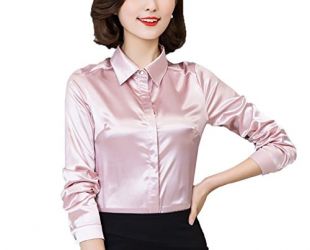 Women Satin Silk Long Sleeve Button-Down Shirt Formal Work Silky Blouse Top Light Pink