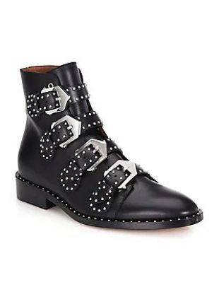 Buckle Studded Leather Ankle Boots