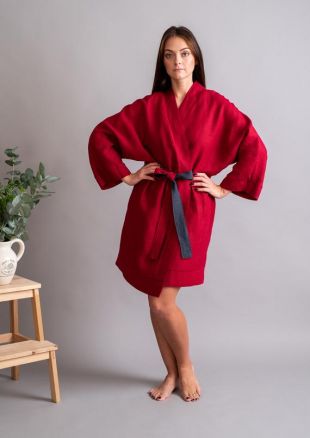Robe rouge lin KIMONO, robe en lin doux naturel, robe en lin fait main, vêtements de bain, robe de chambre, robe de mariée, peignoir de mariée, cadeau parfait