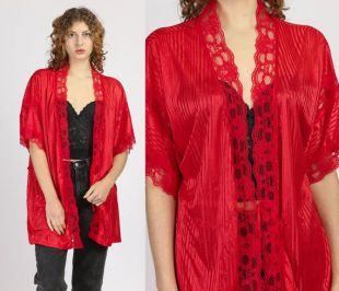 Vintage 80s Robe de lingerie rouge - Grand Veste Boho Lace Trim Mini Peignoir