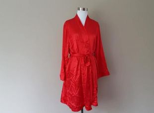 Robe Large Morgan Taylor Intimates Red Kimono Style Intérieur et Outer Ties vintage Lingerie