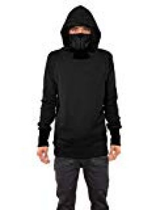 Men's Nobunga Hoodie Japanese Ninja Cowl Neck Black Printed Pullover Outwear M