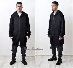 Noir homme détendue-ajustement surdimensionné trop long à capuche Zip Up Sweatshirt