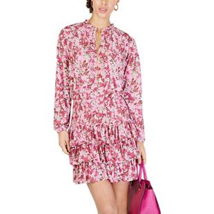 Womens Blouse Floral Print Chain Tie Neck Pink