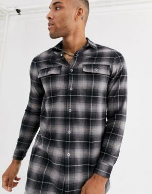 ASOS DESIGN oversized longline check shirt in gray | ASOS