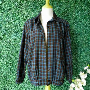90s Blue Plaid Bomber Jacket, 90s vintage Bomber Jacket with Collar, Button Closure, Tartan Plaid, Women's Size 10