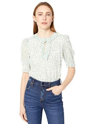 Rebecca Taylor Women's Three Quarter Sleeve Floral Top, Jade Combo