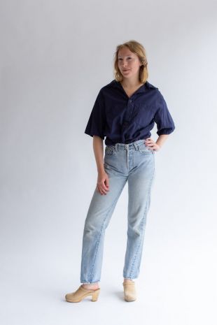 vintage Overdye Navy Blue Silky Button Up Shirt (fr) Chemise de travail à manches courtes S M - France