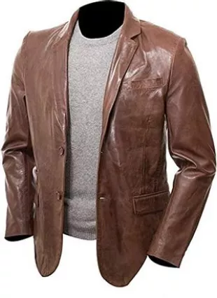 Men's Slim fit 2-Button Lambskin Wax Brown Leather Blazer (Medium, Brown)