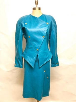 Vtg 80s FIRENZE Santa Barbara Turquoise Robe robe en cuir Jupe Jupe Veste 2 pc Ensemble - Veste M / Jupe 4