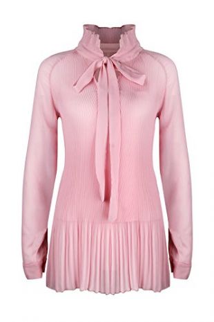 Pink Pussy Bow Pleated Longline Shirts Blouse
