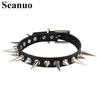 US $10.7 10% OFF|Seanuo 43*1.8CM Unisex Punk Leather Spike Rivet Silver Studs Choker Collar Necklace EMO Rock Biker Party Gothic BDSM Necklaces-in Torques from Jewelry & Accessories on AliExpress