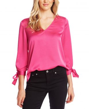 cece - V-Neck Satin Blouse With Tie Sleeves