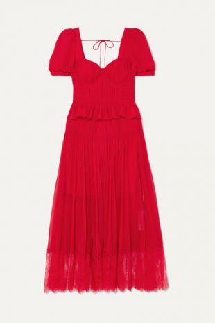 Lace-Trimmed Pleated Chiffon Midi Dress