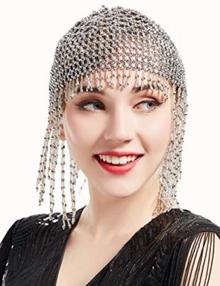 BABEYOND 1920s Beaded Cap Headpiece Roaring 20s Beaded Flapper Headpiece Belly Dance Cap Exotic Cleopatra Headpiece for Gatsby Themed Party (Silver)