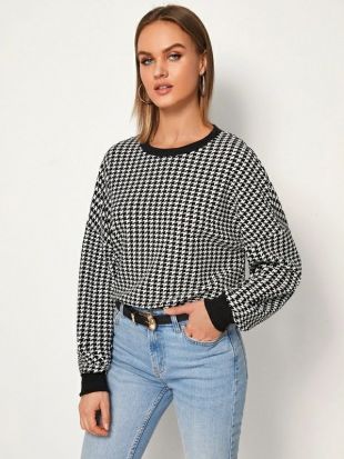Sweat-shirt à pieds-de-poule avec liseré contrastant
