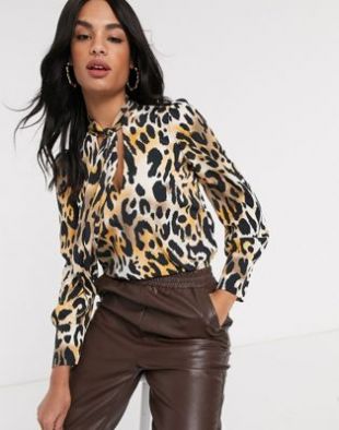 River Island - River Island long sleeve pussybow blouse in leopard