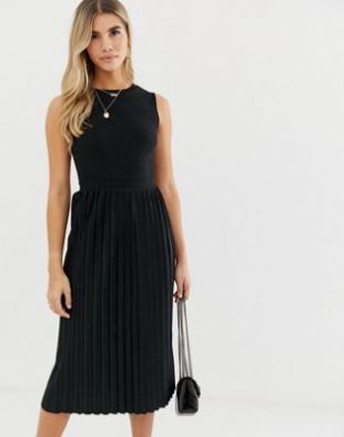 Textured Midi Dress With Pleated Skirt