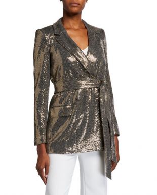 Sequin Long-Sleeve Belted Smoking Jacket