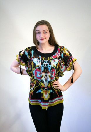 90s Nicole Miller Top S, Baroque Floral Print Graphic Maximalist Sheer vintage Designer Blouse, Small