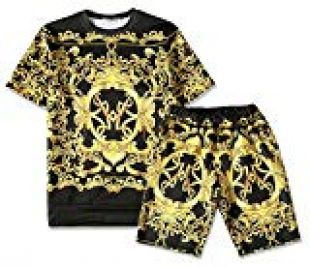PIZOFF Mens Short Sleeve Luxury Gold Baroque Print T-Shirt Shorts Sets Elastic Sport Lightweight Brand Design Y1817-09-M