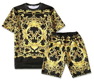 PIZOFF Mens Short Sleeve Gold Baroque Print T-Shirt Shorts Sets Elastic Sport Lightweight Brand Design Y1817-09-M