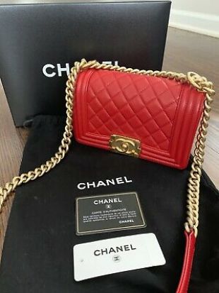 CHANEL Small Boy Bag Red Quilted Lambskin Leather Gold Hardware Chain  | eBay