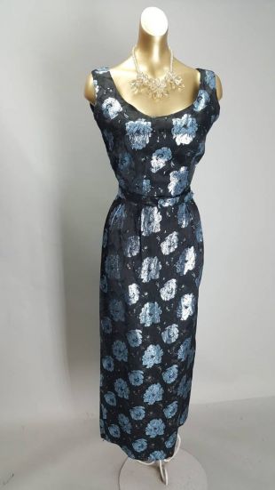 Superbe turquoise et noir noir noir métallisé métallique des années 60 robe fourreau de fête