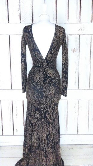 vintage 90s noir / métallisé or stretch ajusté robe maxi à manches longues / or floral paisley longueur plancher robe de soirée / bas dos bodycon robe