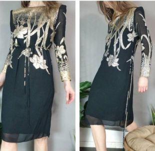vintage 70s Dress Elegant Slinky Black Dress Metallic Silver Gold Puff Shoulder Dress xs s