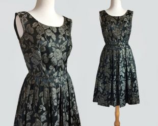 Vintage 60s Floral Metallic Black & Gold Brocade Sleeveless Cocktail Dress - Small
